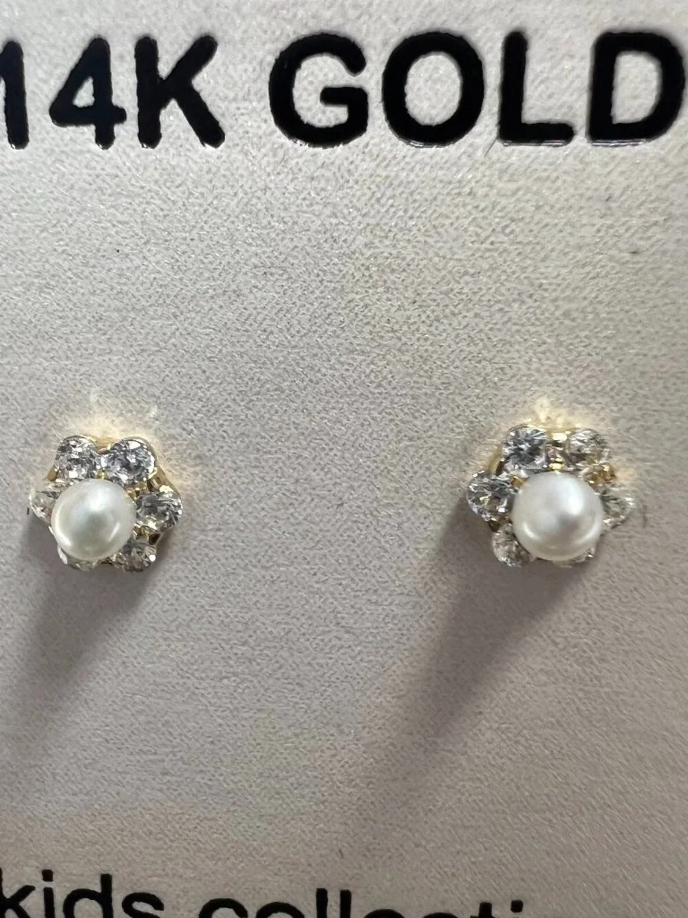 14K Yellow Gold Pearl Halo Stud Earrings Kids Girls Flower CZ Stones post back